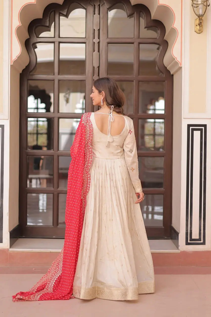Cosmos Jacquard Designer Gown with Bandhani Print Dupatta | Pearl Beads Embroidery | Wedding & Festive Wear