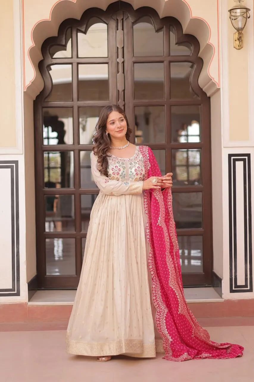 Cosmos Jacquard Designer Gown with Bandhani Print Dupatta | Pearl Beads Embroidery | Wedding & Festive Wear