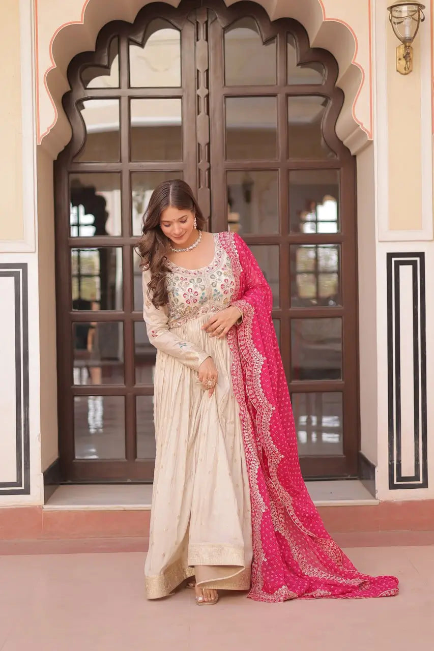 Cosmos Jacquard Designer Gown with Bandhani Print Dupatta | Pearl Beads Embroidery | Wedding & Festive Wear