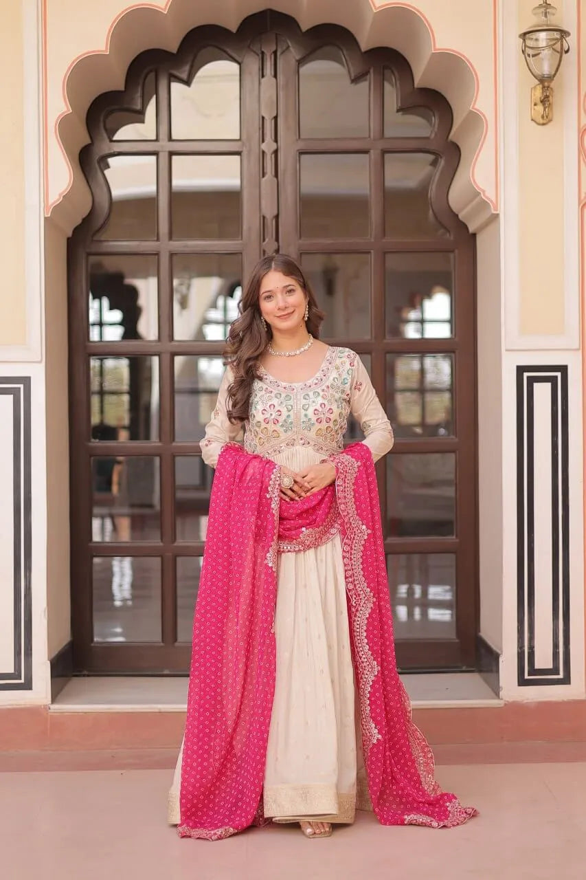 Cosmos Jacquard Designer Gown with Bandhani Print Dupatta | Pearl Beads Embroidery | Wedding & Festive Wear