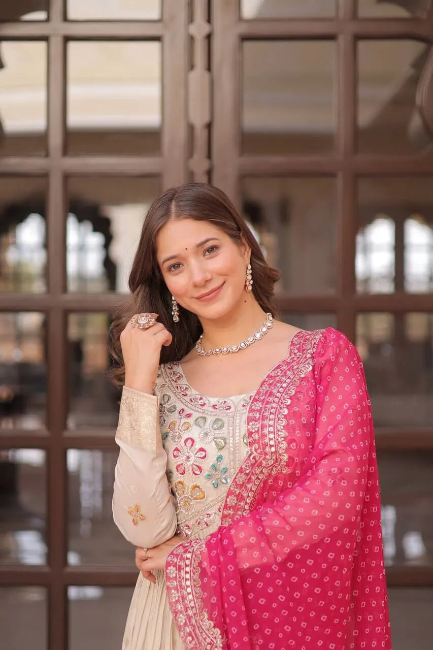 Cosmos Jacquard Designer Gown with Bandhani Print Dupatta | Pearl Beads Embroidery | Wedding & Festive Wear