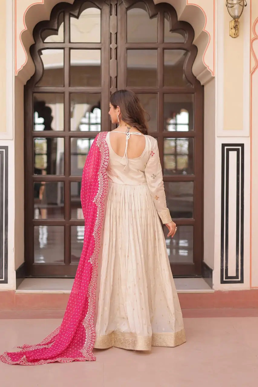 Cosmos Jacquard Designer Gown with Bandhani Print Dupatta | Pearl Beads Embroidery | Wedding & Festive Wear