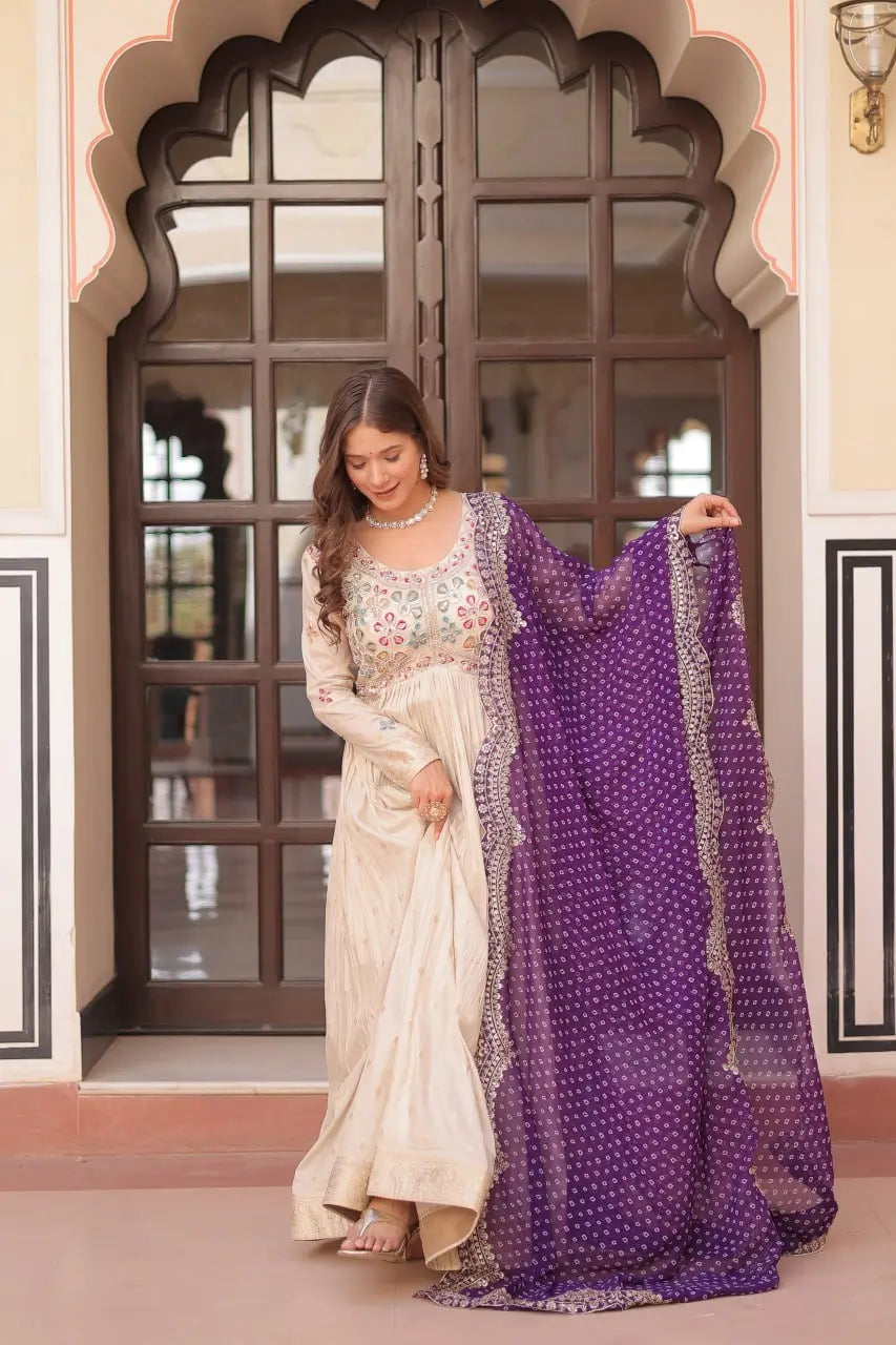 Cosmos Jacquard Designer Gown with Bandhani Print Dupatta | Pearl Beads Embroidery | Wedding & Festive Wear