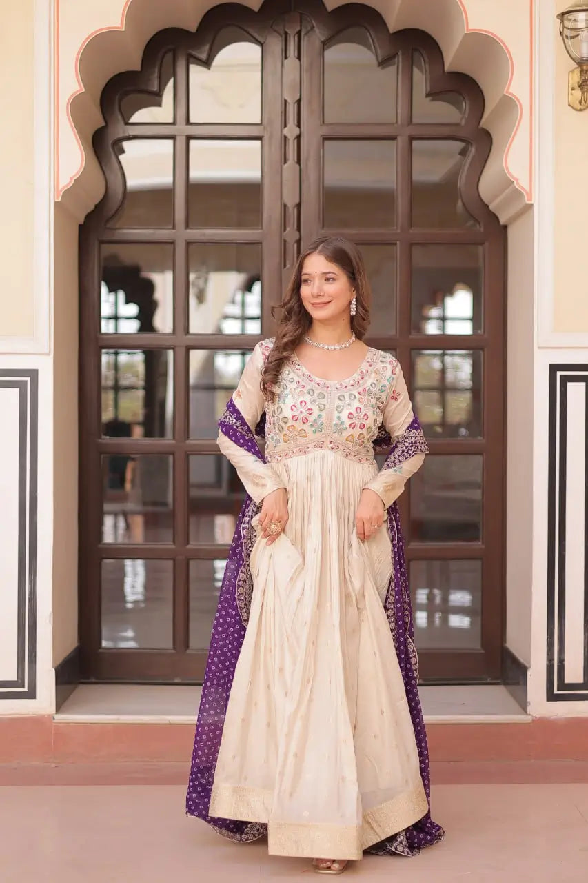 Cosmos Jacquard Designer Gown with Bandhani Print Dupatta | Pearl Beads Embroidery | Wedding & Festive Wear