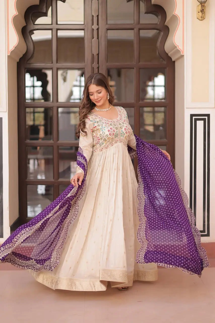 Cosmos Jacquard Designer Gown with Bandhani Print Dupatta | Pearl Beads Embroidery | Wedding & Festive Wear