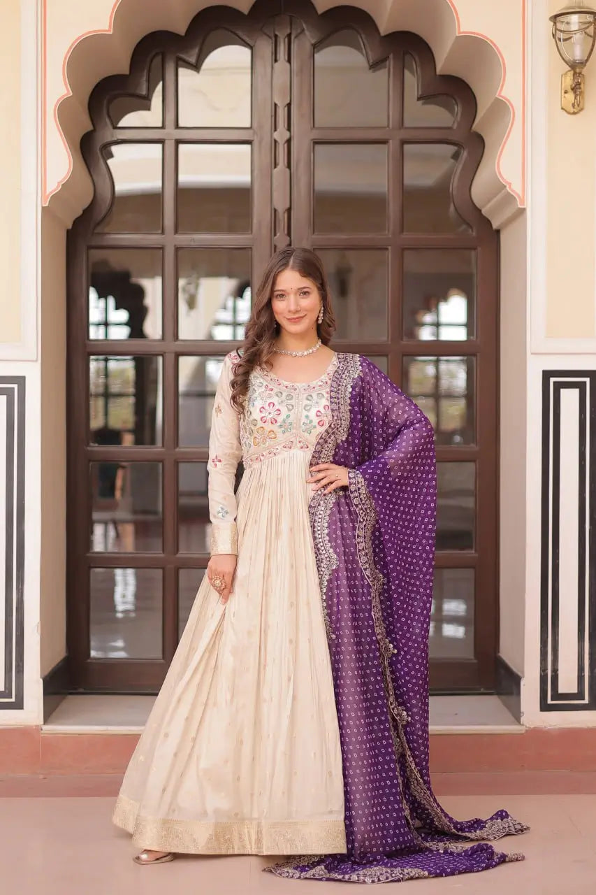 Cosmos Jacquard Designer Gown with Bandhani Print Dupatta | Pearl Beads Embroidery | Wedding & Festive Wear