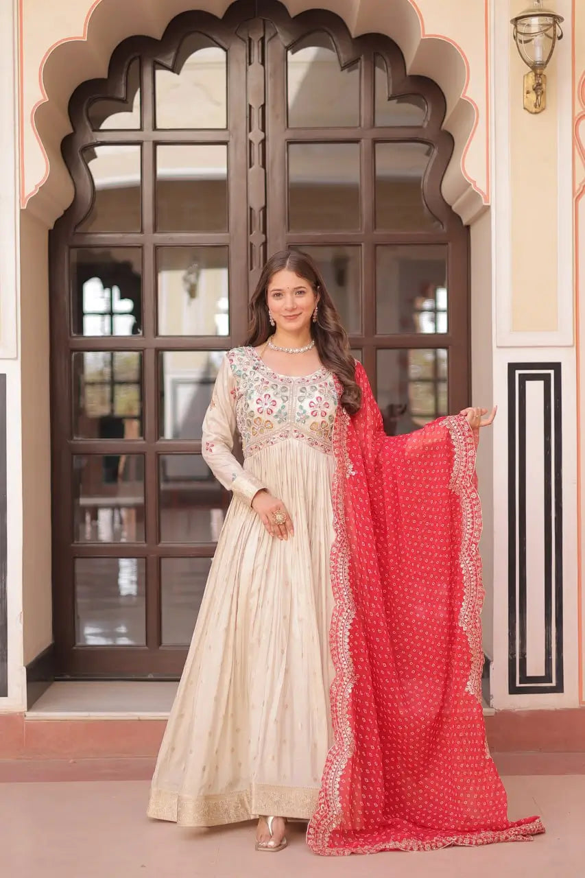 Cosmos Jacquard Designer Gown with Bandhani Print Dupatta | Pearl Beads Embroidery | Wedding & Festive Wear