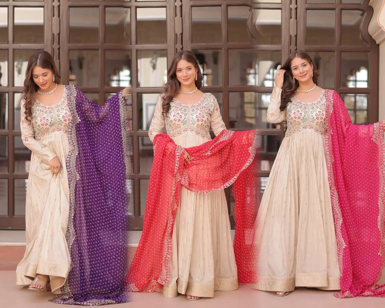 Cosmos Jacquard Designer Gown with Bandhani Print Dupatta | Pearl Beads Embroidery | Wedding & Festive Wear
