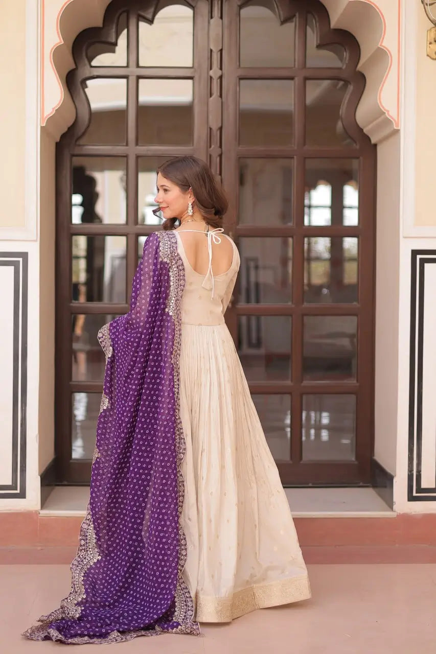 Cosmos Jacquard Designer Gown with Bandhani Print Dupatta | Pearl Beads Embroidery | Wedding & Festive Wear