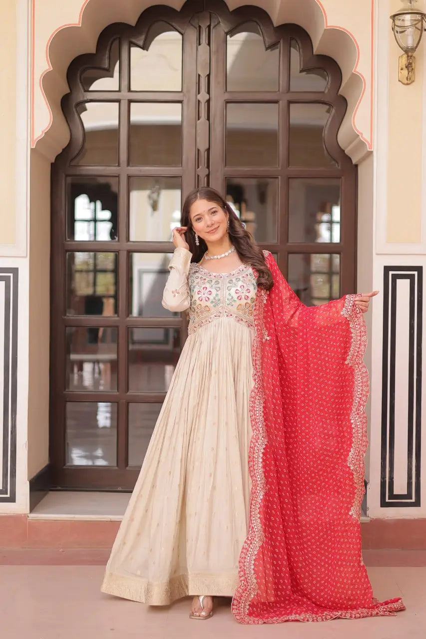 Cosmos Jacquard Designer Gown with Bandhani Print Dupatta | Pearl Beads Embroidery | Wedding & Festive Wear