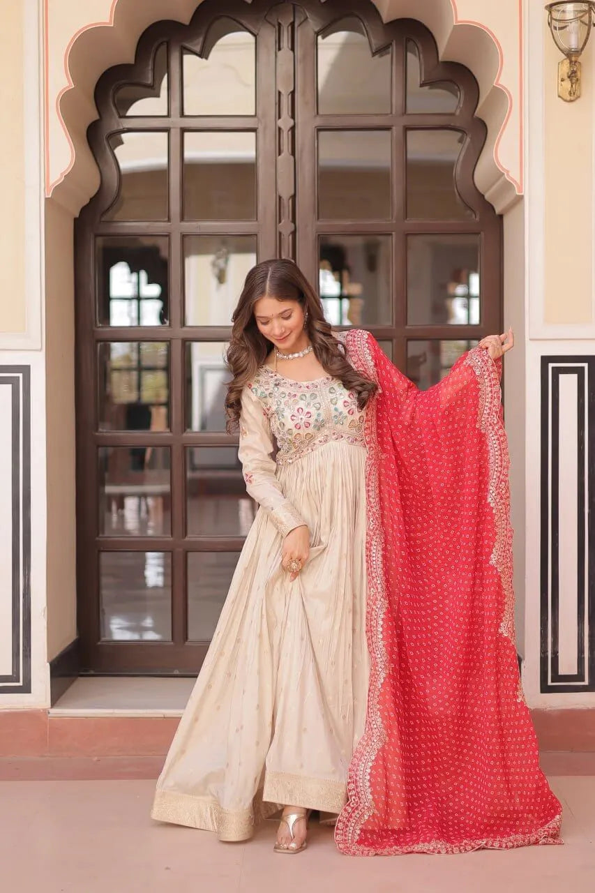 Cosmos Jacquard Designer Gown with Bandhani Print Dupatta | Pearl Beads Embroidery | Wedding & Festive Wear