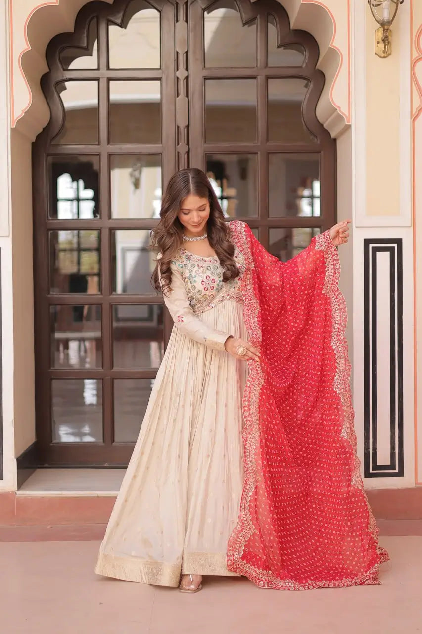 Cosmos Jacquard Designer Gown with Bandhani Print Dupatta | Pearl Beads Embroidery | Wedding & Festive Wear