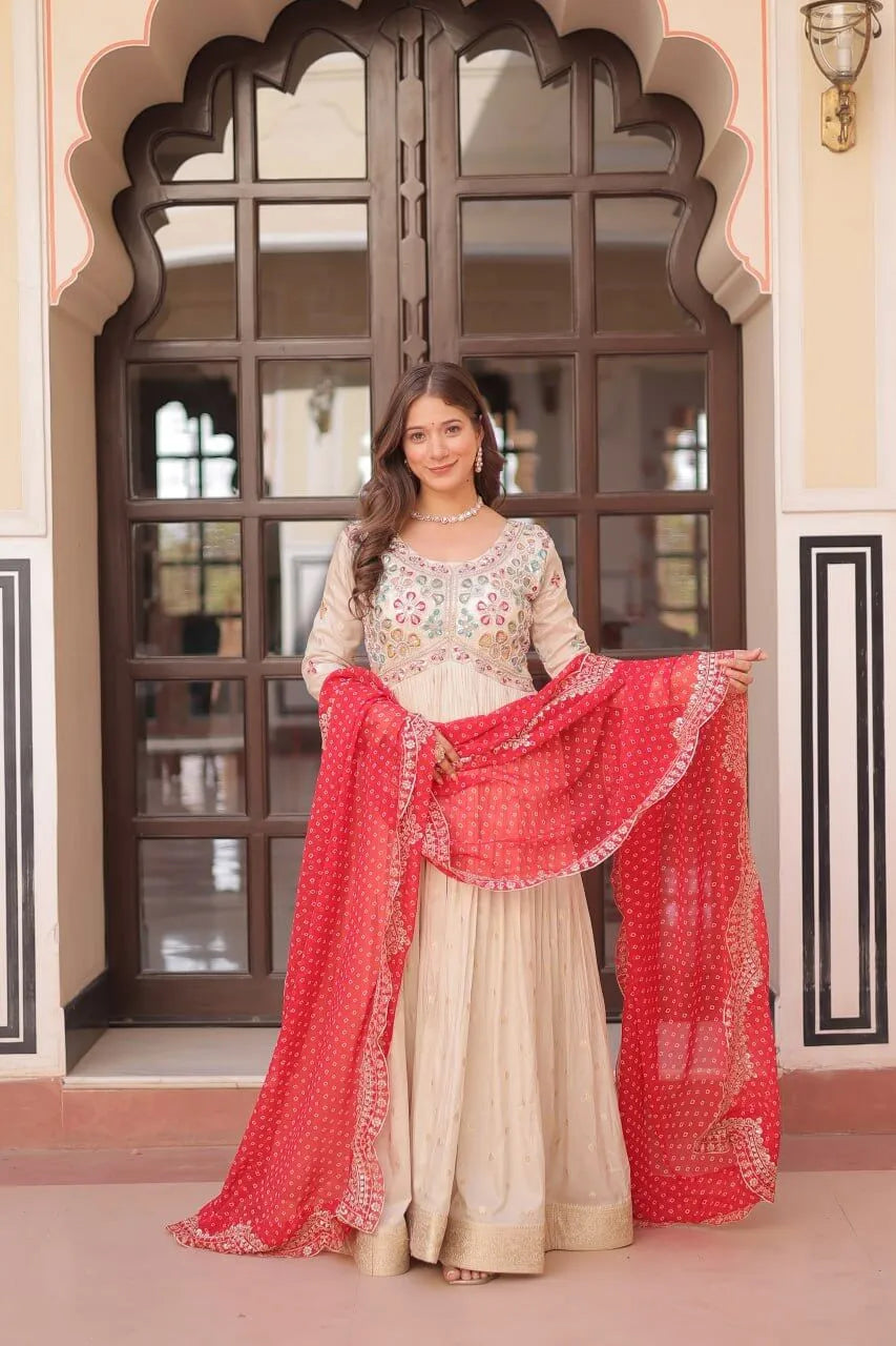 Cosmos Jacquard Designer Gown with Bandhani Print Dupatta | Pearl Beads Embroidery | Wedding & Festive Wear