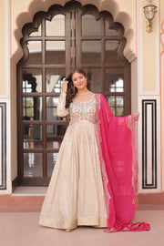 Cosmos Jacquard Designer Gown with Bandhani Print Dupatta | Pearl Beads Embroidery | Wedding & Festive Wear
