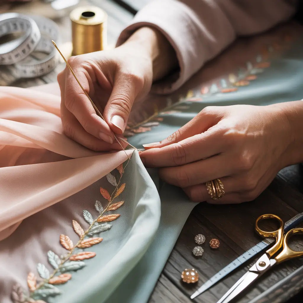 Person embroiderying on fabric with tools and materials around