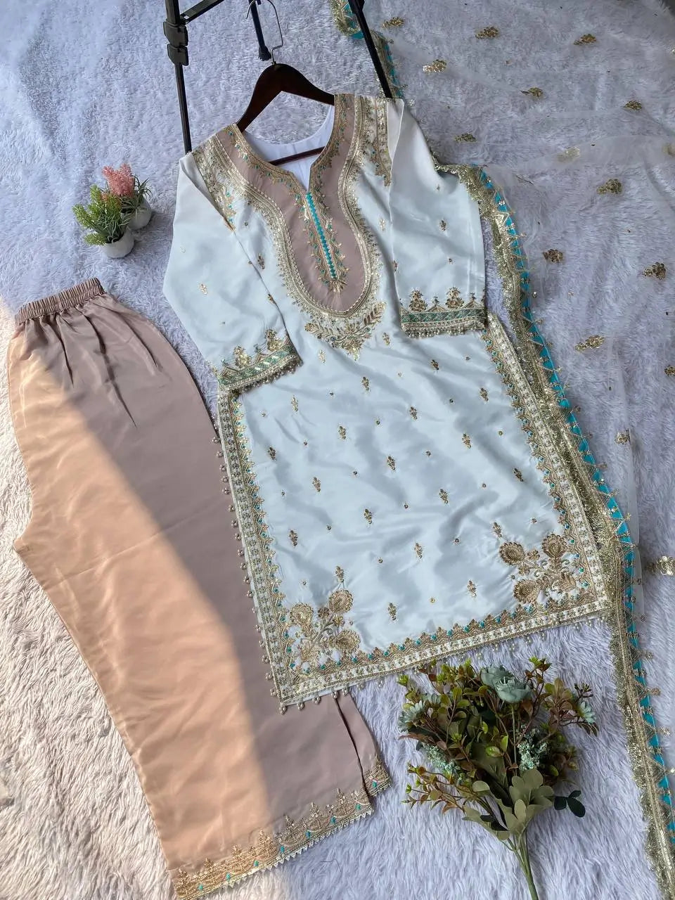Crape Silk Embroidered Palazzo Suit Set for Wedding and Festive Wear