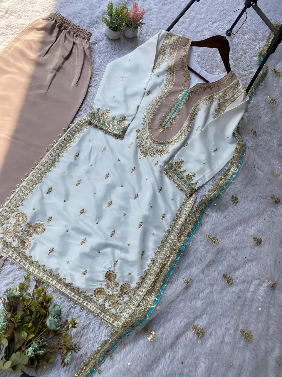 Crape Silk Embroidered Palazzo Suit Set for Wedding and Festive Wear