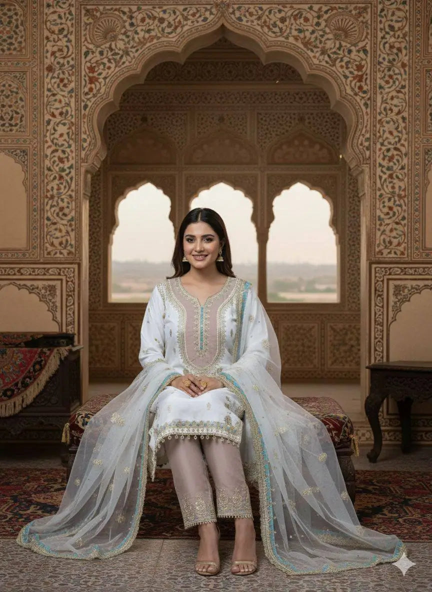 Crape Silk Embroidered Palazzo Suit Set for Wedding and Festive Wear