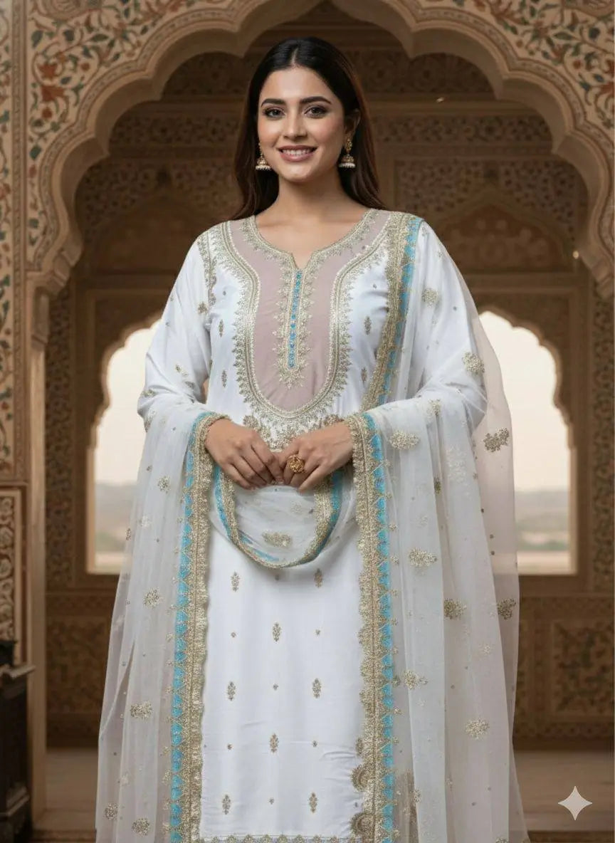 Crape Silk Embroidered Palazzo Suit Set for Wedding and Festive Wear