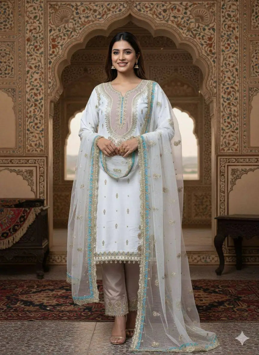 Crape Silk Embroidered Palazzo Suit Set for Wedding and Festive Wear