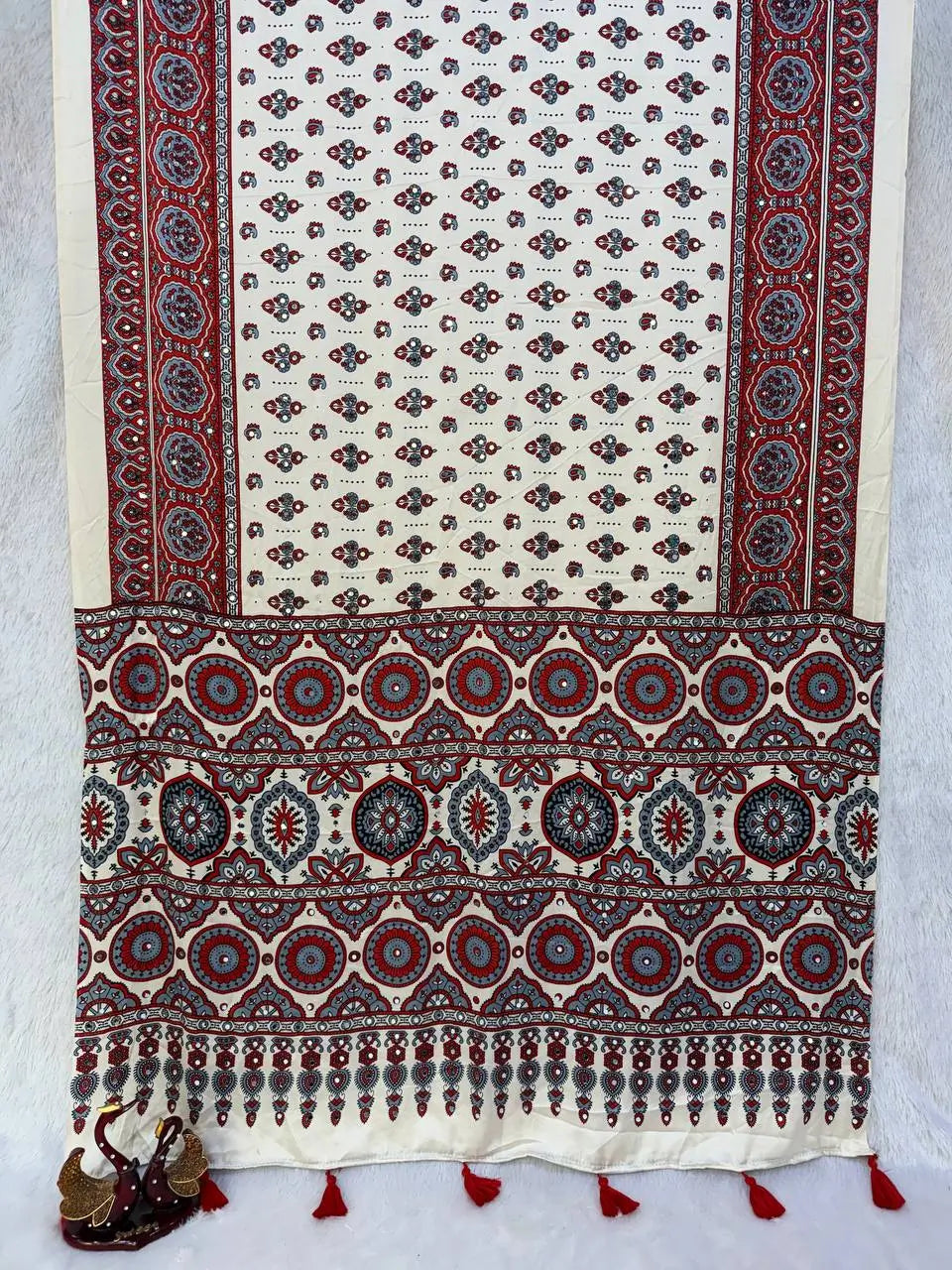 Cream Ajrakh Mirror Saree