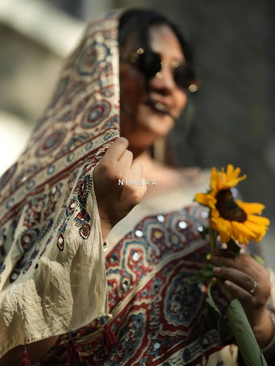 Cream Ajrakh Mirror Saree