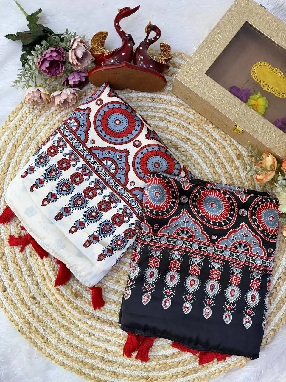 Cream Ajrakh Mirror Saree