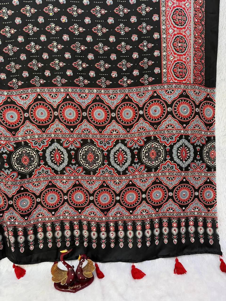 Cream Ajrakh Mirror Saree