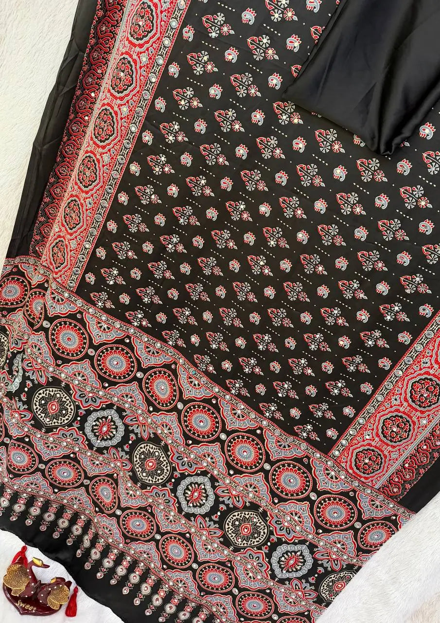 Cream Ajrakh Mirror Saree