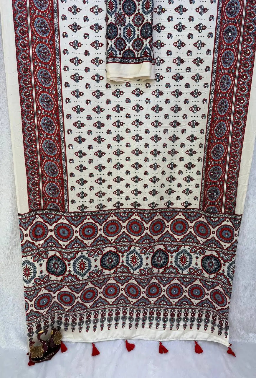 Cream Ajrakh Mirror Saree