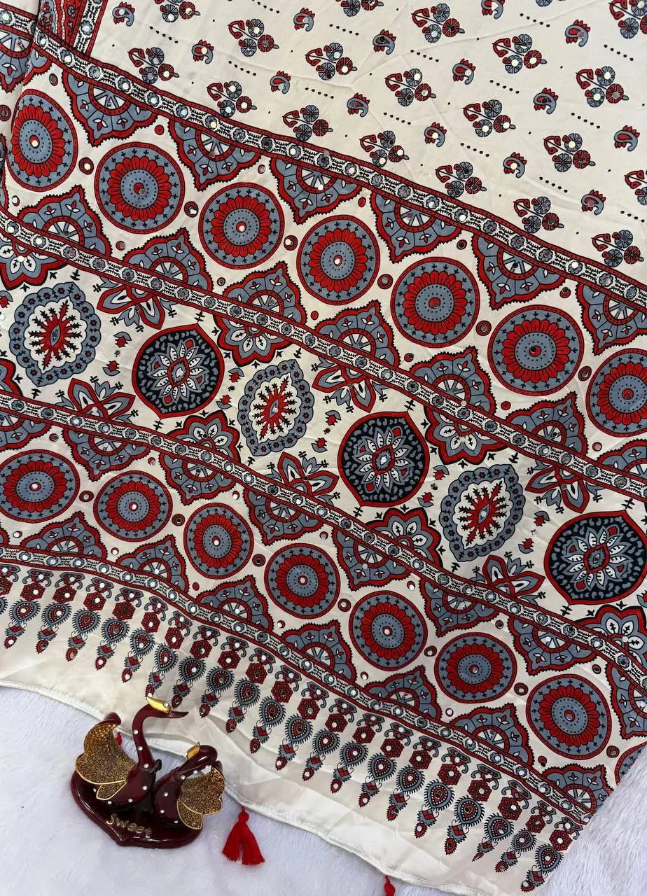 Cream Ajrakh Mirror Saree