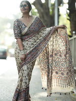 Cream Ajrakh Mirror Saree