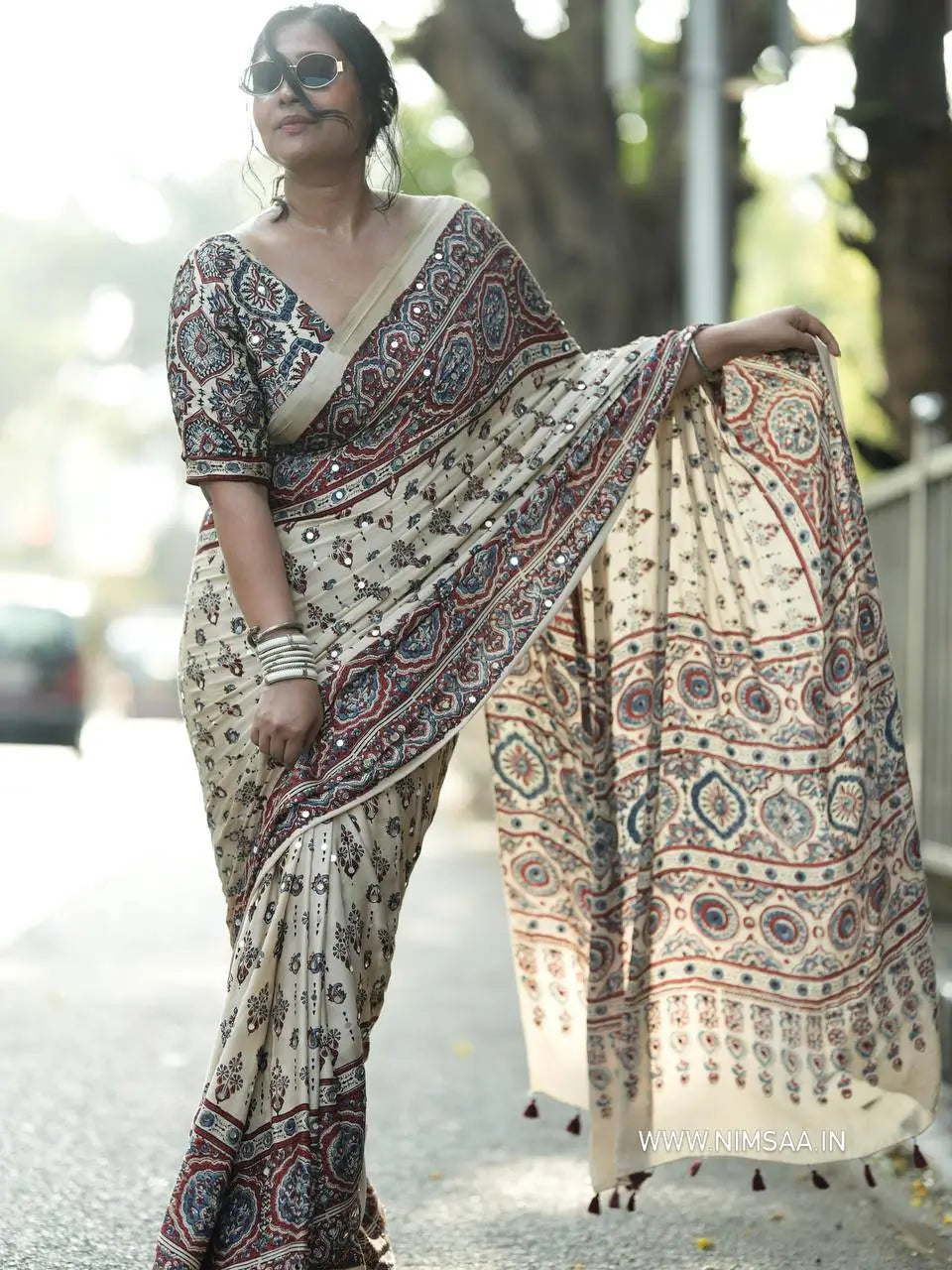 Cream Ajrakh Mirror Saree