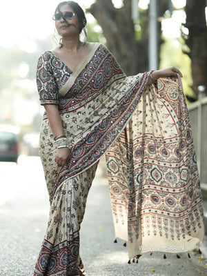 Cream Ajrakh Mirror Saree