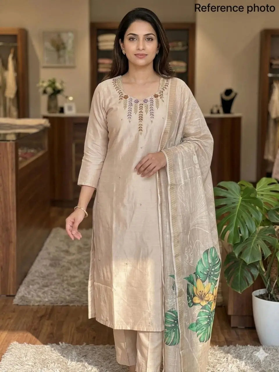 Cream Chanderi Kurta Set With Linen Dupatta