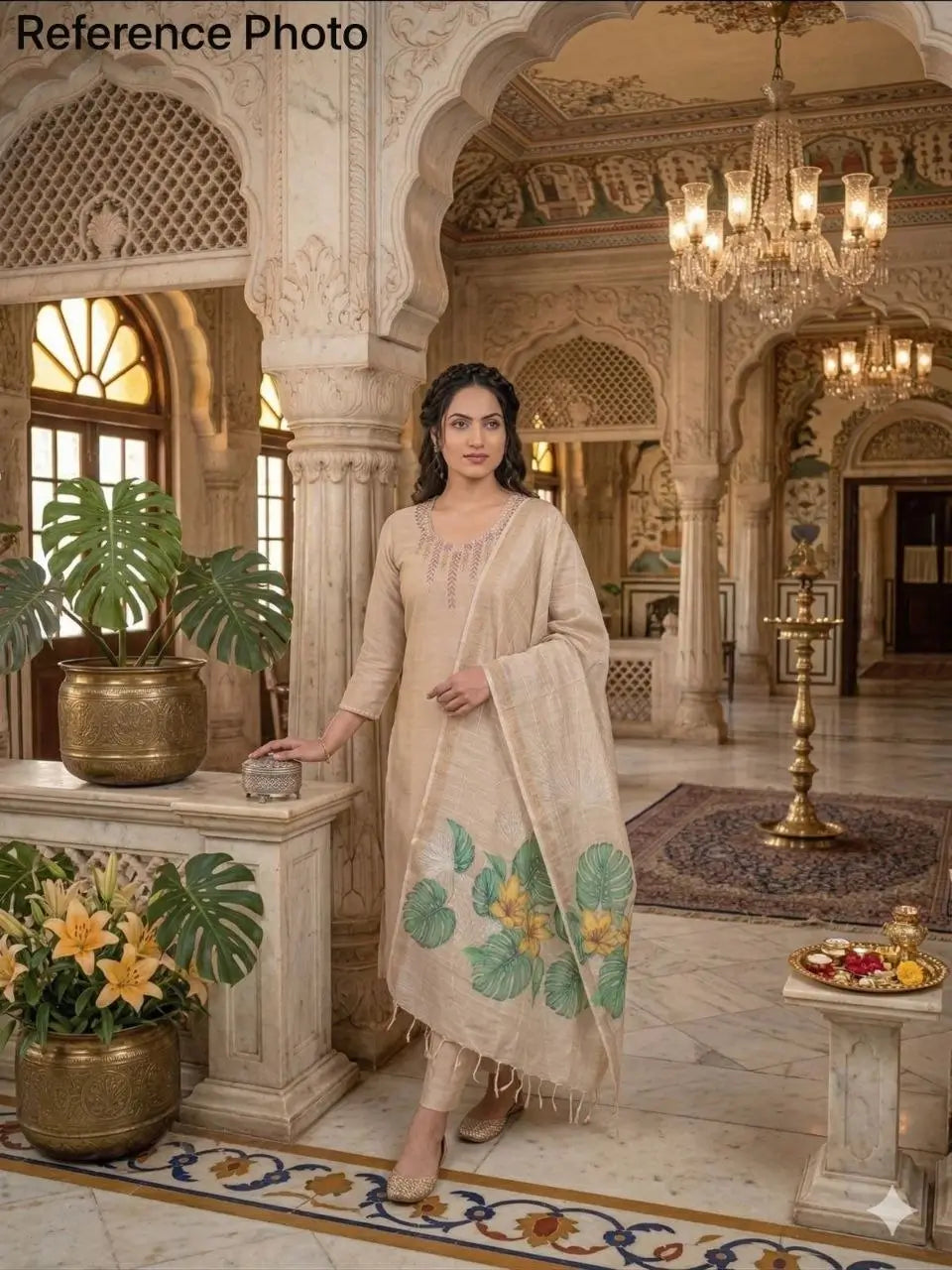 Cream Chanderi Kurta Set With Linen Dupatta