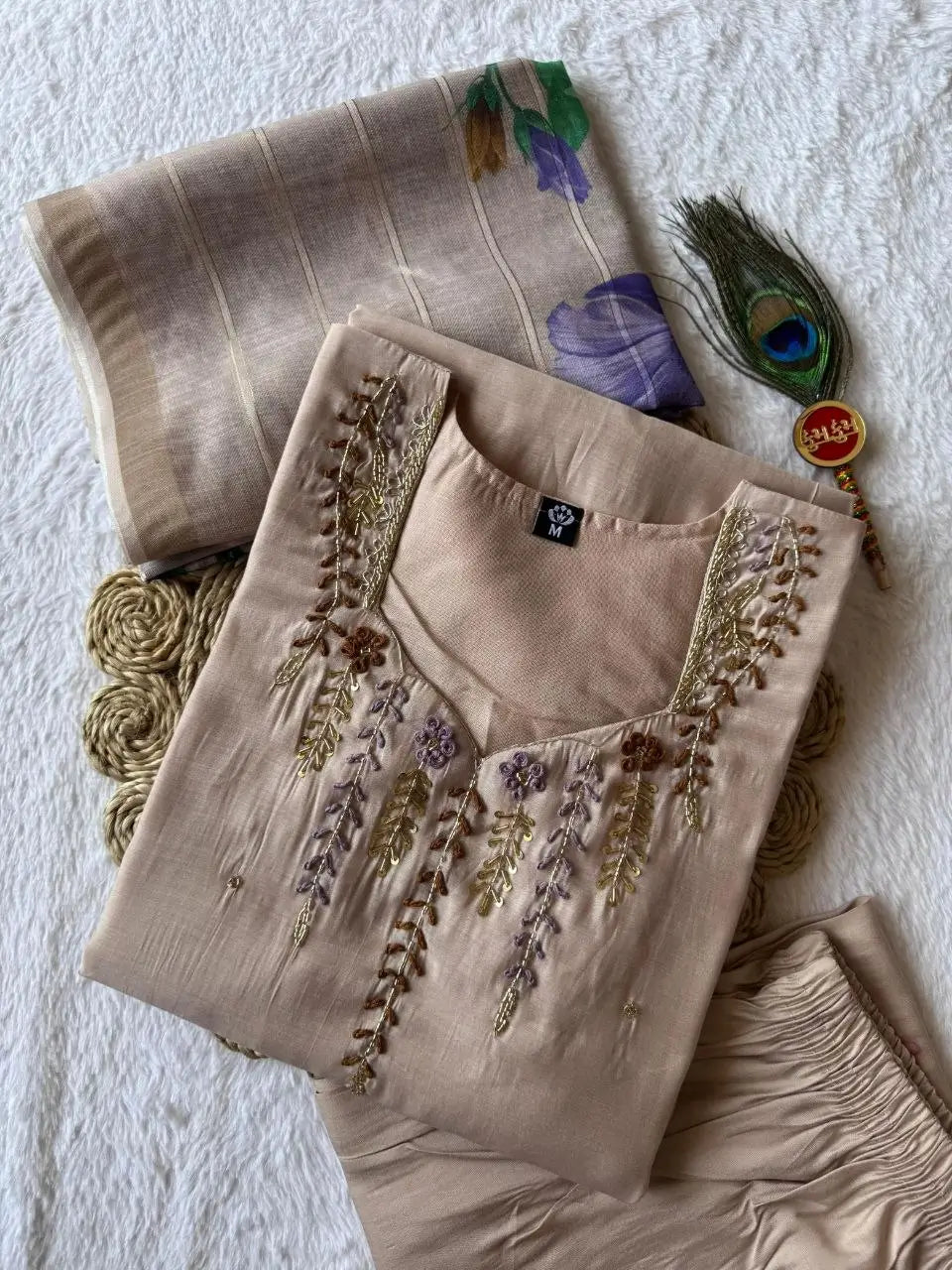 Cream Chanderi Kurta Set With Linen Dupatta
