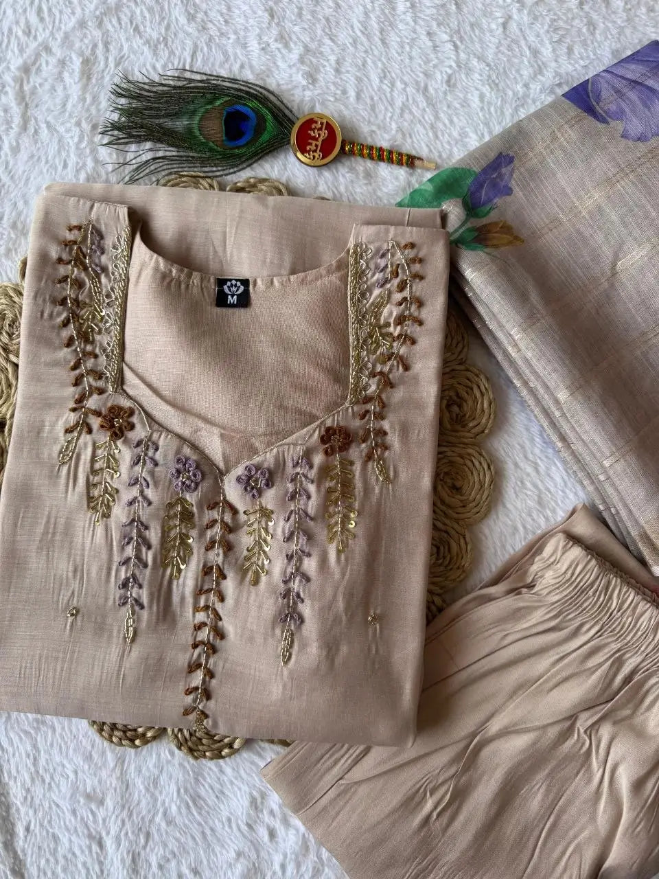 Cream Chanderi Kurta Set With Linen Dupatta