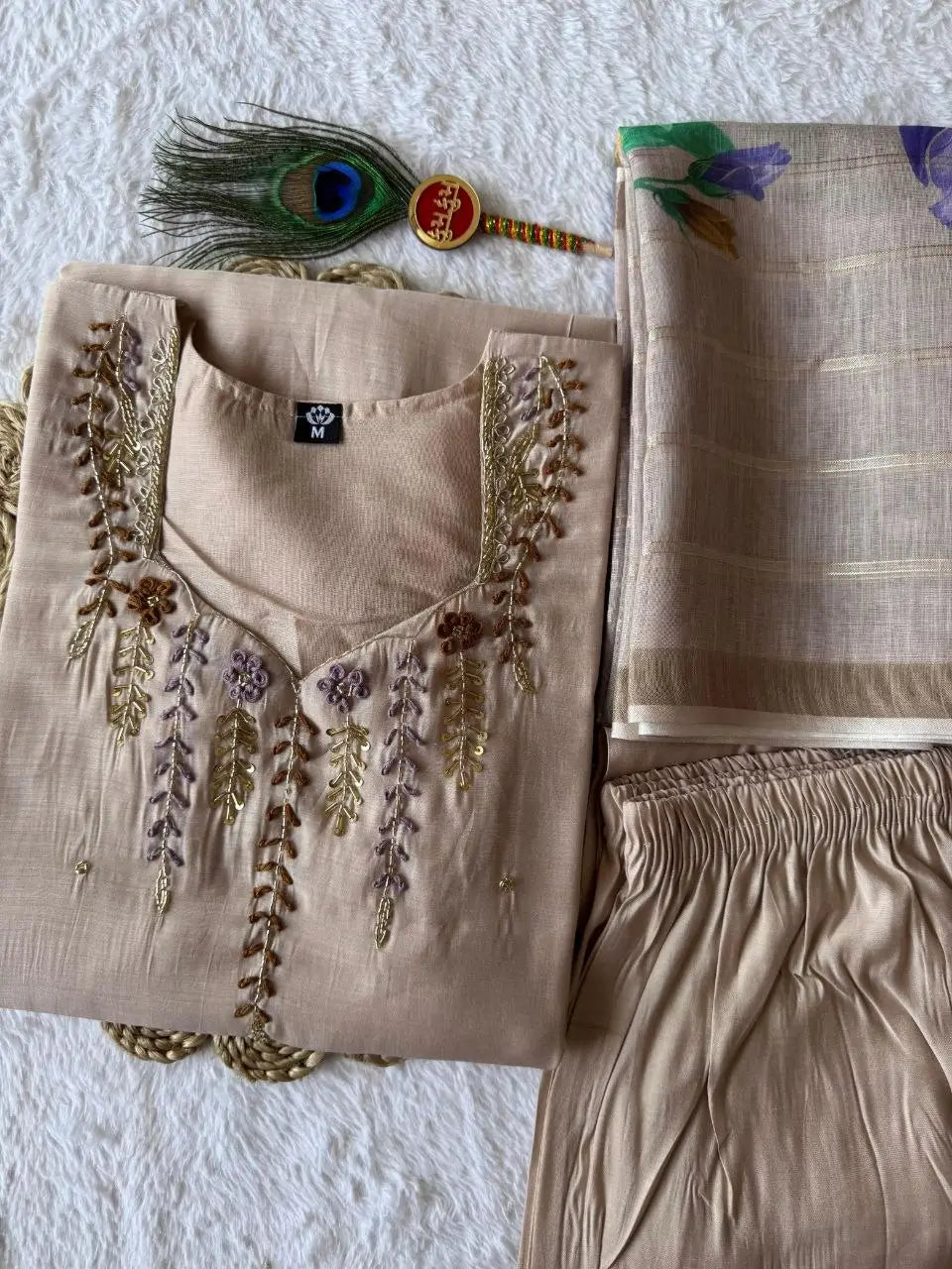 Cream Chanderi Kurta Set With Linen Dupatta