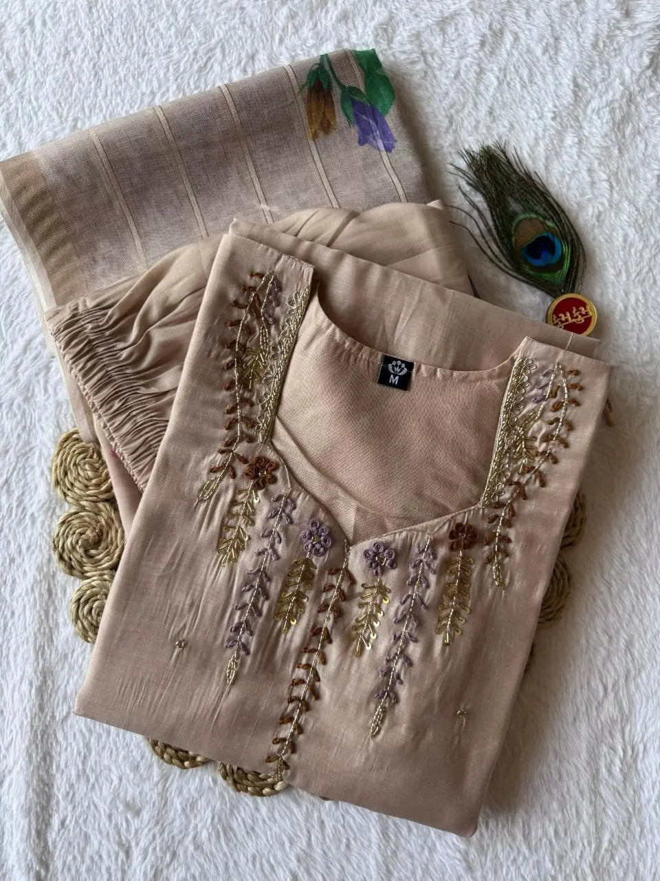 Cream Chanderi Kurta Set With Linen Dupatta