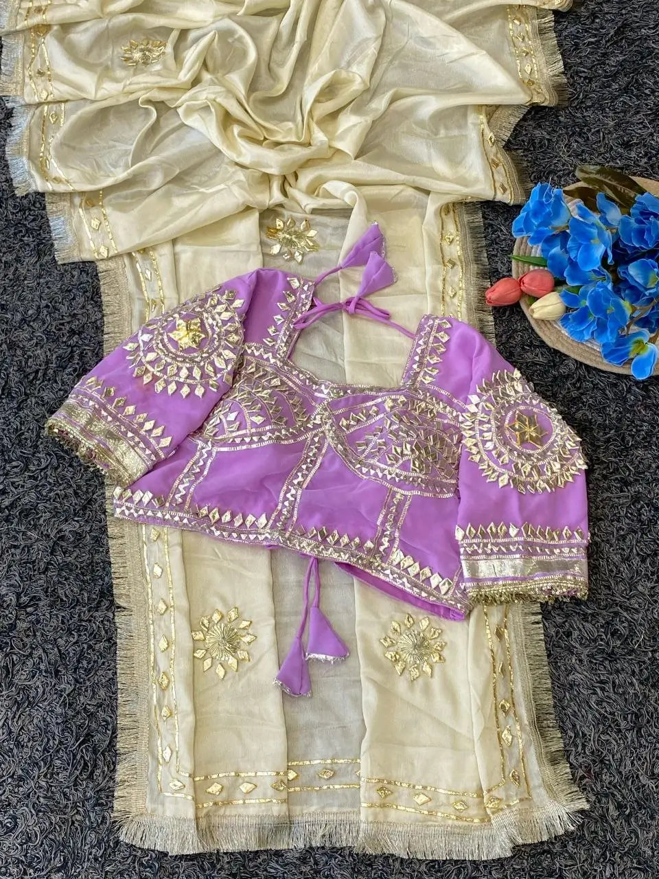 Cream Chinon Saree with Kachi Gota Patti HandWork Fully Stitched Aangi Blouse