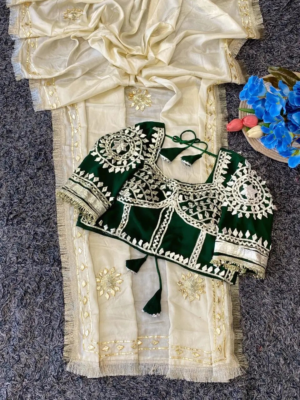 Cream Chinon Saree with Kachi Gota Patti HandWork Fully Stitched Aangi Blouse