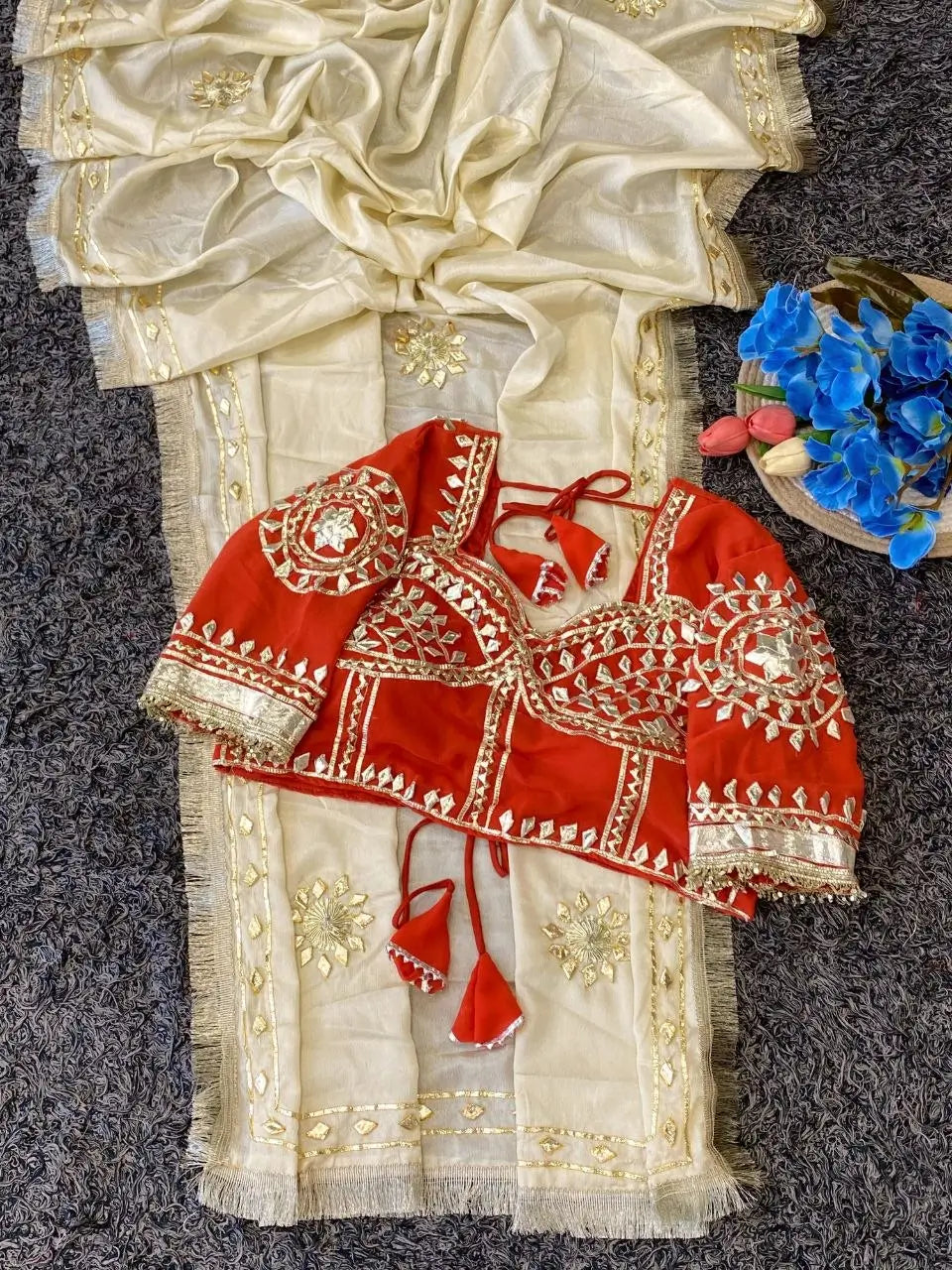 Cream Chinon Saree with Kachi Gota Patti HandWork Fully Stitched Aangi Blouse
