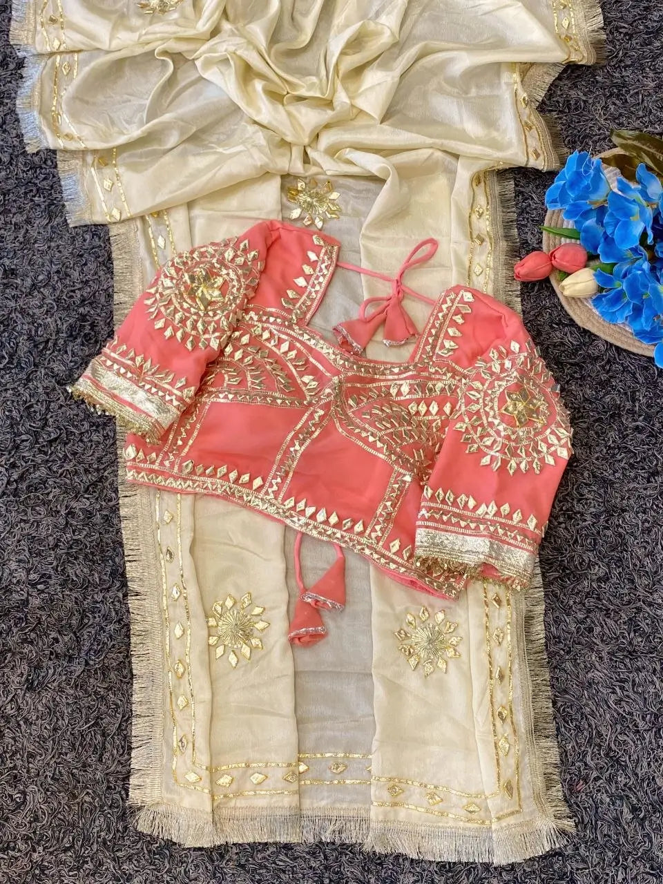 Cream Chinon Saree with Kachi Gota Patti HandWork Fully Stitched Aangi Blouse