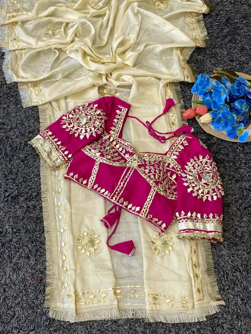Cream Chinon Saree with Kachi Gota Patti HandWork Fully Stitched Aangi Blouse