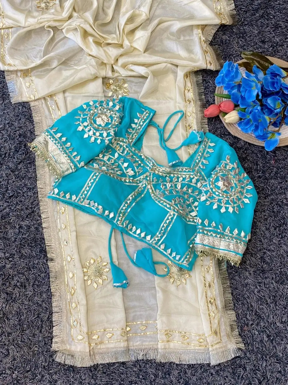Cream Chinon Saree with Kachi Gota Patti HandWork Fully Stitched Aangi Blouse