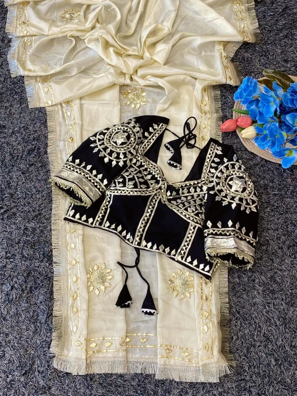 Cream Chinon Saree with Kachi Gota Patti HandWork Fully Stitched Aangi Blouse