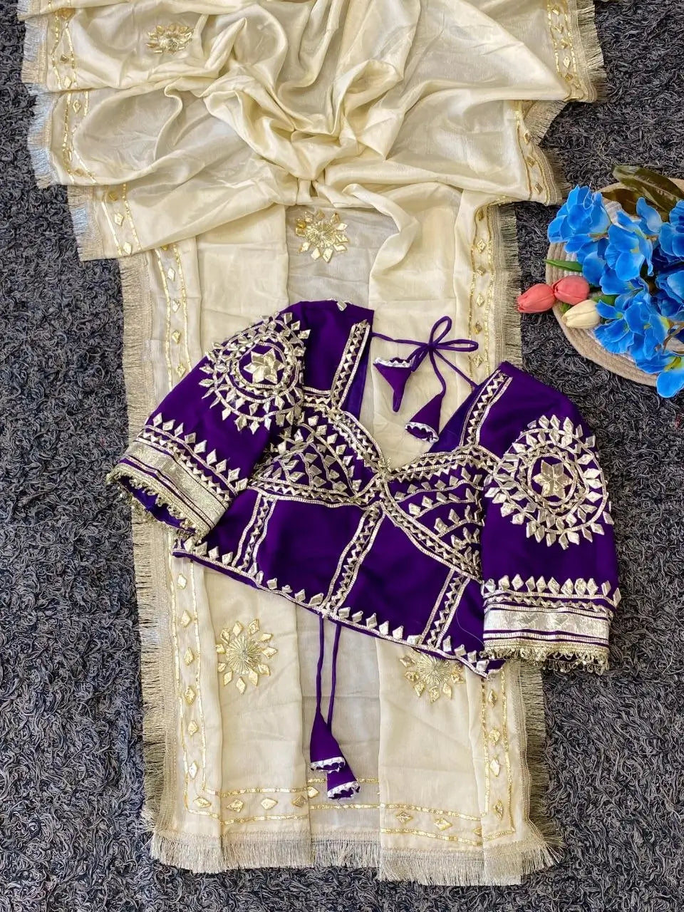 Cream Chinon Saree with Kachi Gota Patti HandWork Fully Stitched Aangi Blouse