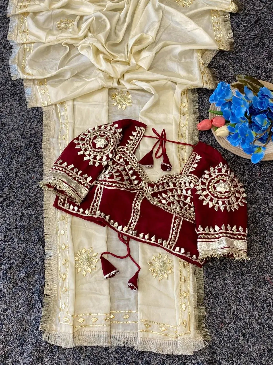 Cream Chinon Saree with Kachi Gota Patti HandWork Fully Stitched Aangi Blouse