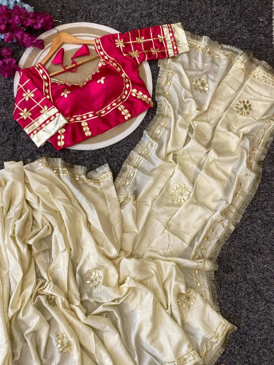 Cream Chinon Saree with Kachi Gota patti HandWork & Satin Aangi work Blouse